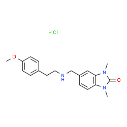 ChemSpider 2D Image | 5-({[2-(4-Methoxyphenyl)ethyl]amino}methyl)-1,3-dimethyl-1,3-dihydro-2H-benzimidazol-2-one hydrochloride (1:1) | C19H24ClN3O2