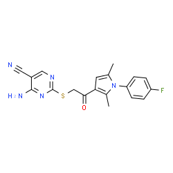 ChemSpider 2D Image | 4-Amino-2-({2-[1-(4-fluorophenyl)-2,5-dimethyl-1H-pyrrol-3-yl]-2-oxoethyl}sulfanyl)-5-pyrimidinecarbonitrile | C19H16FN5OS