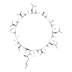 ChemSpider 2D Image | (3S,6S,9S,12R,15S,18S,21S,24S,30S,33S)-25,30-Diethyl-33-[(1R,2R,4E)-1-hydroxy-2-methyl-4-hexen-1-yl]-6,9,18-triisobutyl-3,21,24-triisopropyl-1,4,7,10,12,15,19,28-octamethyl-1,4,7,10,13,16,19,22,25,28,
31-undecaazacyclotritriacontane-2,5,8,11,14,17,20,23,26,29,32-undecone | C62H111N11O12