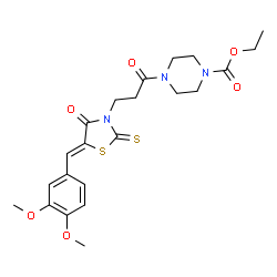 ChemSpider 2D Image | Ethyl 4-{3-[(5Z)-5-(3,4-dimethoxybenzylidene)-4-oxo-2-thioxo-1,3-thiazolidin-3-yl]propanoyl}-1-piperazinecarboxylate | C22H27N3O6S2