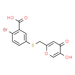 ChemSpider 2D Image | 2-Bromo-5-{[(5-hydroxy-4-oxo-4H-pyran-2-yl)methyl]sulfanyl}benzoic acid | C13H9BrO5S