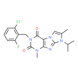 ChemSpider 2D Image | 3-(2-Chloro-6-fluorobenzyl)-8-isopropyl-1,7-dimethyl-1H-imidazo[2,1-f]purine-2,4(3H,8H)-dione | C19H19ClFN5O2