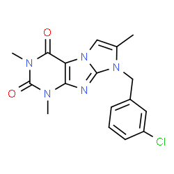 ChemSpider 2D Image | 8-(3-Chloro-benzyl)-1,3,7-trimethyl-1H,8H-imidazo[2,1-f]purine-2,4-dione | C17H16ClN5O2