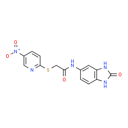 ChemSpider 2D Image | 2-[(5-Nitro-2-pyridinyl)sulfanyl]-N-(2-oxo-2,3-dihydro-1H-benzimidazol-5-yl)acetamide | C14H11N5O4S