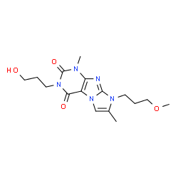 ChemSpider 2D Image | 3-(3-Hydroxypropyl)-8-(3-methoxypropyl)-1,7-dimethyl-1H-imidazo[2,1-f]purine-2,4(3H,8H)-dione | C16H23N5O4