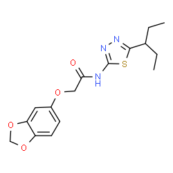 ChemSpider 2D Image | 2-(1,3-Benzodioxol-5-yloxy)-N-[5-(3-pentanyl)-1,3,4-thiadiazol-2-yl]acetamide | C16H19N3O4S