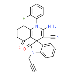 ChemSpider 2D Image | 2'-Amino-1'-(2-fluorophenyl)-2,5'-dioxo-1-(2-propyn-1-yl)-1,2,5',6',7',8'-hexahydro-1'H-spiro[indole-3,4'-quinoline]-3'-carbonitrile | C26H19FN4O2