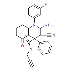 ChemSpider 2D Image | 2'-Amino-1'-(3-fluorophenyl)-2,5'-dioxo-1-(2-propyn-1-yl)-1,2,5',6',7',8'-hexahydro-1'H-spiro[indole-3,4'-quinoline]-3'-carbonitrile | C26H19FN4O2