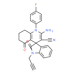 ChemSpider 2D Image | 2'-Amino-1'-(4-fluorophenyl)-2,5'-dioxo-1-(2-propyn-1-yl)-1,2,5',6',7',8'-hexahydro-1'H-spiro[indole-3,4'-quinoline]-3'-carbonitrile | C26H19FN4O2