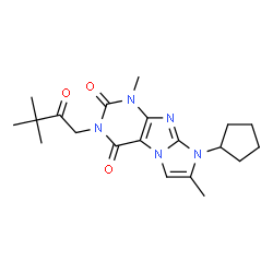 ChemSpider 2D Image | 8-Cyclopentyl-3-(3,3-dimethyl-2-oxobutyl)-1,7-dimethyl-1H-imidazo[2,1-f]purine-2,4(3H,8H)-dione | C20H27N5O3