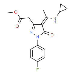 ChemSpider 2D Image | Methyl [(4Z)-4-[1-(cyclopropylamino)ethylidene]-1-(4-fluorophenyl)-5-oxo-4,5-dihydro-1H-pyrazol-3-yl]acetate | C17H18FN3O3