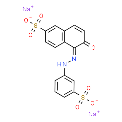 ChemSpider 2D Image | Disodium (5E)-6-oxo-5-[(3-sulfonatophenyl)hydrazono]-5,6-dihydro-2-naphthalenesulfonate | C16H10N2Na2O7S2