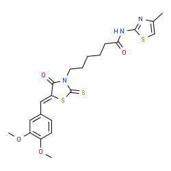 ChemSpider 2D Image | 3-thiazolidinehexanamide, 5-[(3,4-dimethoxyphenyl)methylene]-N-(4-methyl-2-thiazolyl)-4-oxo-2-thioxo-, (5Z)- | C22H25N3O4S3