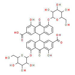ChemSpider 2D Image | 5,5'-Bis(hexopyranosyloxy)-4,4'-dihydroxy-10,10'-dioxo-9,9',10,10'-tetrahydro-9,9'-bianthracene-2,2'-dicarboxylic acid | C42H38O20