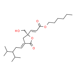 ChemSpider 2D Image | Hexyl (2E)-3-[(2S,4E)-2-(hydroxymethyl)-4-(3-isopropyl-4-methylpentylidene)-5-oxotetrahydro-2-furanyl]acrylate | C23H38O5