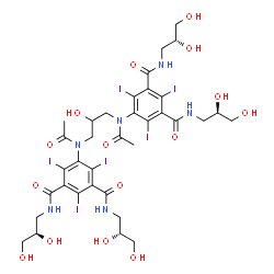 ChemSpider 2D Image | 5,5'-[(2-Hydroxy-1,3-propanediyl)bis(acetylimino)]bis{N,N'-bis[(2R)-2,3-dihydroxypropyl]-2,4,6-triiodoisophthalamide} | C35H44I6N6O15