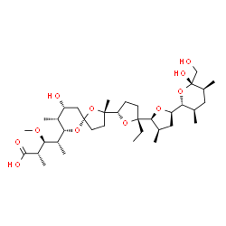 ChemSpider 2D Image | (2S,3S,4R)-4-[(2S,5S,7S,8R,9R)-2-{(2R,2'S,3'R,5S,5'R)-2-Ethyl-5'-[(2R,3R,5S,6S)-6-hydroxy-6-(hydroxymethyl)-3,5-dimethyltetrahydro-2H-pyran-2-yl]-3'-methyloctahydro-2,2'-bifuran-5-yl}-9-hydroxy-2,8-di
methyl-1,6-dioxaspiro[4.5]dec-7-yl]-3-methoxy-2-methylpentanoic acid | C36H62O11