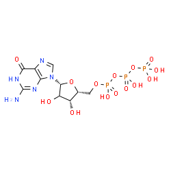 ChemSpider 2D Image | 2-Amino-9-[(2xi)-5-O-(hydroxy{[hydroxy(phosphonooxy)phosphoryl]oxy}phosphoryl)-beta-D-threo-pentofuranosyl]-1,9-dihydro-6H-purin-6-one | C10H16N5O14P3