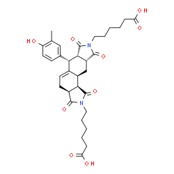 ChemSpider 2D Image | 6,6'-[(3aS,6R,6aS,9aR,10aS,10bR)-6-(4-Hydroxy-3-methylphenyl)-1,3,7,9-tetraoxo-1,3,3a,4,6,6a,7,9,9a,10,10a,10b-dodecahydroisoindolo[5,6-e]isoindole-2,8-diyl]dihexanoic acid | C33H40N2O9