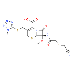 ChemSpider 2D Image | (7S)-7-({[(Cyanomethyl)sulfanyl]acetyl}amino)-7-methoxy-3-{[(1-methyl-1H-tetrazol-5-yl)sulfanyl]methyl}-8-oxo-5-thia-1-azabicyclo[4.2.0]oct-2-ene-2-carboxylic acid | C15H17N7O5S3
