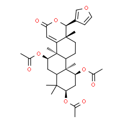 ChemSpider 2D Image | (1R,4bR,5R,8R,10S,10aS,12aR)-1-(3-Furyl)-4b,7,7,10a,12a-pentamethyl-3-oxo-3,4b,5,6,6a,7,8,9,10,10a,10b,11,12,12a-tetradecahydro-1H-naphtho[2,1-f]isochromene-5,8,10-triyl triacetate | C32H42O9
