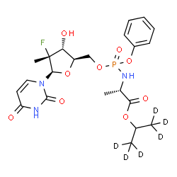 ChemSpider 2D Image | (1,1,1,3,3,3-~2~H_6_)-2-Propanyl (2S)-2-{[{[(2R,3R,4R,5R)-5-(2,4-dioxo-3,4-dihydro-1(2H)-pyrimidinyl)-4-fluoro-3-hydroxy-4-methyltetrahydro-2-furanyl]methoxy}(phenoxy)phosphoryl]amino}propanoate (non-
preferred name) | C22H23D6FN3O9P