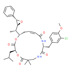ChemSpider 2D Image | (3S,10R,13Z,16S)-10-(3-Chloro-4-methoxybenzyl)-3-isobutyl-6,6-dimethyl-16-{(1S)-1-[(2S,3S)-3-phenyl-2-oxiranyl]ethyl}-1,4-dioxa-8,11-diazacyclohexadec-13-ene-2,5,9,12-tetrone | C36H45ClN2O8