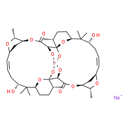 ChemSpider 2D Image | Sodium [(1R,2R,5S,6R,8S,9Z,12R,14S,17R,18R,19R,22S,23R,25S,26Z,29R,31S,34R)-12,29-dihydroxy-1,2,18,19-tetra(hydroxy-kappaO)-6,13,13,17,23,30,30,34-octamethyl-4,7,21,24,35,37-hexaoxapentacyclo[29.3.1.1
~5,8~.1~14,18~.1~22,25~]octatriaconta-9,26-diene-3,20-dionato(4-)]borate(1-) | C40H60BNaO14