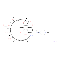 ChemSpider 2D Image | Sodium (7S,9Z,11S,12R,13S,14R,15R,16R,17S,18S,19Z,21Z)-13-acetoxy-2,15,17,29-tetrahydroxy-11-methoxy-3,7,12,14,16,18,22-heptamethyl-26-{(E)-[(4-methyl-1-piperazinyl)imino]methyl}-6,23-dioxo-8,30-dioxa
-24-azatetracyclo[23.3.1.1~4,7~.0~5,28~]triaconta-1(28),2,4,9,19,21,25(29),26-octaen-27-olate | C43H57N4NaO12