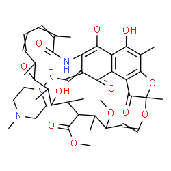 ChemSpider 2D Image | Methyl 2,15,17,29-tetrahydroxy-11-methoxy-3,7,12,14,16,18,22-heptamethyl-26-{[(4-methyl-1-piperazinyl)amino]methylene}-6,23,27-trioxo-8,30-dioxa-24-azatetracyclo[23.3.1.1~4,7~.0~5,28~]triaconta-1(28),
2,4,9,19,21,25(29)-heptaene-13-carboxylate | C43H58N4O12