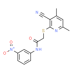 ChemSpider 2D Image | 2-[(3-Cyano-4,6-dimethyl-2-pyridinyl)sulfanyl]-N-(3-nitrophenyl)acetamide | C16H14N4O3S