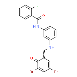 ChemSpider 2D Image | 2-Chloro-N-(3-{[(3,5-dibromo-6-oxo-2,4-cyclohexadien-1-ylidene)methyl]amino}phenyl)benzamide | C20H13Br2ClN2O2
