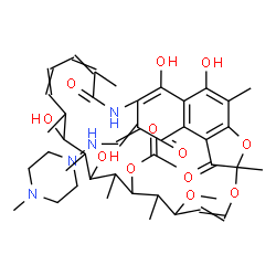 ChemSpider 2D Image | 2,15,17,29-Tetrahydroxy-11-methoxy-3,7,12,14,16,18,22-heptamethyl-26-{[(4-methyl-1-piperazinyl)amino]methylene}-6,23,27-trioxo-8,30-dioxa-24-azatetracyclo[23.3.1.1~4,7~.0~5,28~]triaconta-1(28),2,4,9,1
9,21,25(29)-heptaen-13-yl acetate | C43H58N4O12