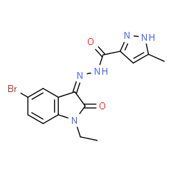ChemSpider 2D Image | N'-[(3Z)-5-Bromo-1-ethyl-2-oxo-1,2-dihydro-3H-indol-3-ylidene]-5-methyl-1H-pyrazole-3-carbohydrazide | C15H14BrN5O2