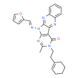 ChemSpider 2D Image | 3-[2-(1-Cyclohexen-1-yl)ethyl]-11-[(E)-(2-furylmethylene)amino]-2-methyl-3,11-dihydro-4H-pyrimido[5',4':4,5]pyrrolo[2,3-b]quinoxalin-4-one | C26H24N6O2