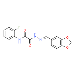 ChemSpider 2D Image | 2-[(2E)-2-(1,3-Benzodioxol-5-ylmethylene)hydrazino]-N-(2-fluorophenyl)-2-oxoacetamide | C16H12FN3O4