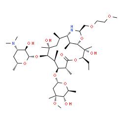 ChemSpider 2D Image | (1S,2R,3R,6R,7S,8S,9R,10R,12R,13S,15R,17S)-3-Ethyl-2,10-dihydroxy-15-[(2-methoxyethoxy)methyl]-2,6,8,10,12,17-hexamethyl-5-oxo-9-{[3,4,6-trideoxy-3-(dimethylamino)-beta-D-xylo-hexopyranosyl]oxy}-4,16-dioxa-14-azabicyclo[11.3.1]heptadec-7-yl 2,6-dideoxy-3-C-methyl-3-O-methyl-alpha-L-ribo-hexopyranoside | C42H78N2O14