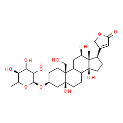 ChemSpider 2D Image | (3beta,5beta,8xi,9xi,12beta)-3-[(6-Deoxy-alpha-D-glycero-hexopyranosyl)oxy]-5,12,14,19-tetrahydroxycard-20(22)-enolide | C29H44O11