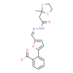 ChemSpider 2D Image | 2-{5-[(Z)-{[(2-Methyl-1,3-dithiolan-2-yl)acetyl]hydrazono}methyl]-2-furyl}benzoate | C18H17N2O4S2