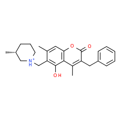 ChemSpider 2D Image | (3R)-1-[(3-Benzyl-5-hydroxy-4,7-dimethyl-2-oxo-2H-chromen-6-yl)methyl]-3-methylpiperidinium | C25H30NO3
