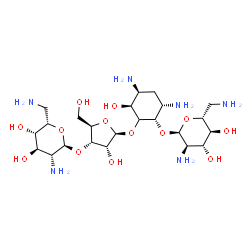 ChemSpider 2D Image | (1S,3S,4S,6S)-4,6-Diamino-2-{[3-O-(2,6-diamino-2,6-dideoxy-alpha-L-idopyranosyl)-beta-D-ribofuranosyl]oxy}-3-hydroxycyclohexyl 2,6-diamino-2,6-dideoxy-alpha-D-glucopyranoside | C23H46N6O13