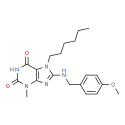 ChemSpider 2D Image | 7-Hexyl-8-[(4-methoxybenzyl)amino]-3-methyl-3,7-dihydro-1H-purine-2,6-dione | C20H27N5O3