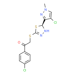 ChemSpider 2D Image | 2-{[(5S)-5-(4-Chloro-1-methyl-1H-pyrazol-3-yl)-4,5-dihydro-1,3,4-thiadiazol-2-yl]sulfanyl}-1-(4-chlorophenyl)ethanone | C14H12Cl2N4OS2
