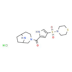ChemSpider 2D Image | 3,9-Diazabicyclo[4.2.1]non-3-yl[4-(4-thiomorpholinylsulfonyl)-1H-pyrrol-2-yl]methanone hydrochloride (1:1) | C16H25ClN4O3S2