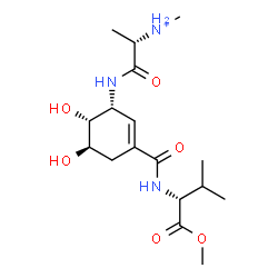 ChemSpider 2D Image | (2S)-1-{[(1R,5R,6R)-5,6-Dihydroxy-3-{[(2R)-1-methoxy-3-methyl-1-oxo-2-butanyl]carbamoyl}-2-cyclohexen-1-yl]amino}-N-methyl-1-oxo-2-propanaminium | C17H30N3O6