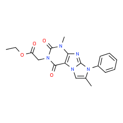 ChemSpider 2D Image | Ethyl (1,7-dimethyl-2,4-dioxo-8-phenyl-1,2,4,8-tetrahydro-3H-imidazo[2,1-f]purin-3-yl)acetate | C19H19N5O4
