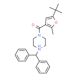 ChemSpider 2D Image | 1-(Diphenylmethyl)-4-[2-methyl-5-(2-methyl-2-propanyl)-3-furoyl]piperazin-1-ium | C27H33N2O2