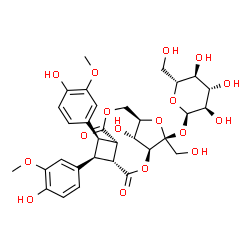 ChemSpider 2D Image | (1S,4R,5S,6R,7S,11R,13S,14R)-14-Hydroxy-5,6-bis(4-hydroxy-3-methoxyphenyl)-13-(hydroxymethyl)-3,8-dioxo-2,9,12-trioxatricyclo[9.2.1.0~4,7~]tetradec-13-yl alpha-D-glucopyranoside | C32H38O17