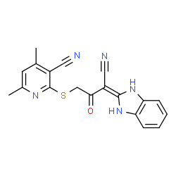 ChemSpider 2D Image | 2-{[3-Cyano-3-(1,3-dihydro-2H-benzimidazol-2-ylidene)-2-oxopropyl]sulfanyl}-4,6-dimethylnicotinonitrile | C19H15N5OS