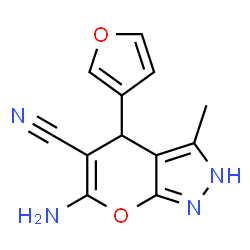 ChemSpider 2D Image | 6-Amino-4-(3-furyl)-3-methyl-2,4-dihydropyrano[2,3-c]pyrazole-5-carbonitrile | C12H10N4O2